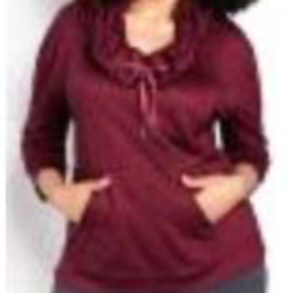 PULLOVER, FUNNEL NECK, BERRY, SIZE 4X, ¾ SLEEVES, FRONT KANGAROO POCKET, MARLED